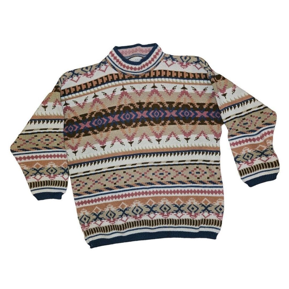 Vintage 80s Geometric Pastel Oversize Slouchy Sweater Jumper Fair Isle high neck